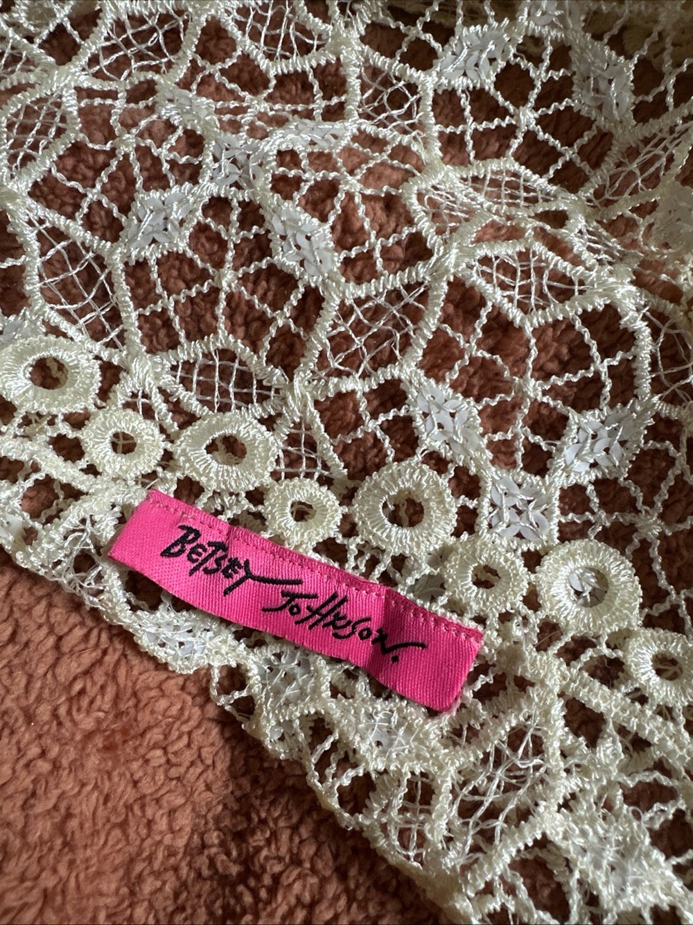 Betsey Johnson Cream Floral Lace shawl with Pink Brand Tag